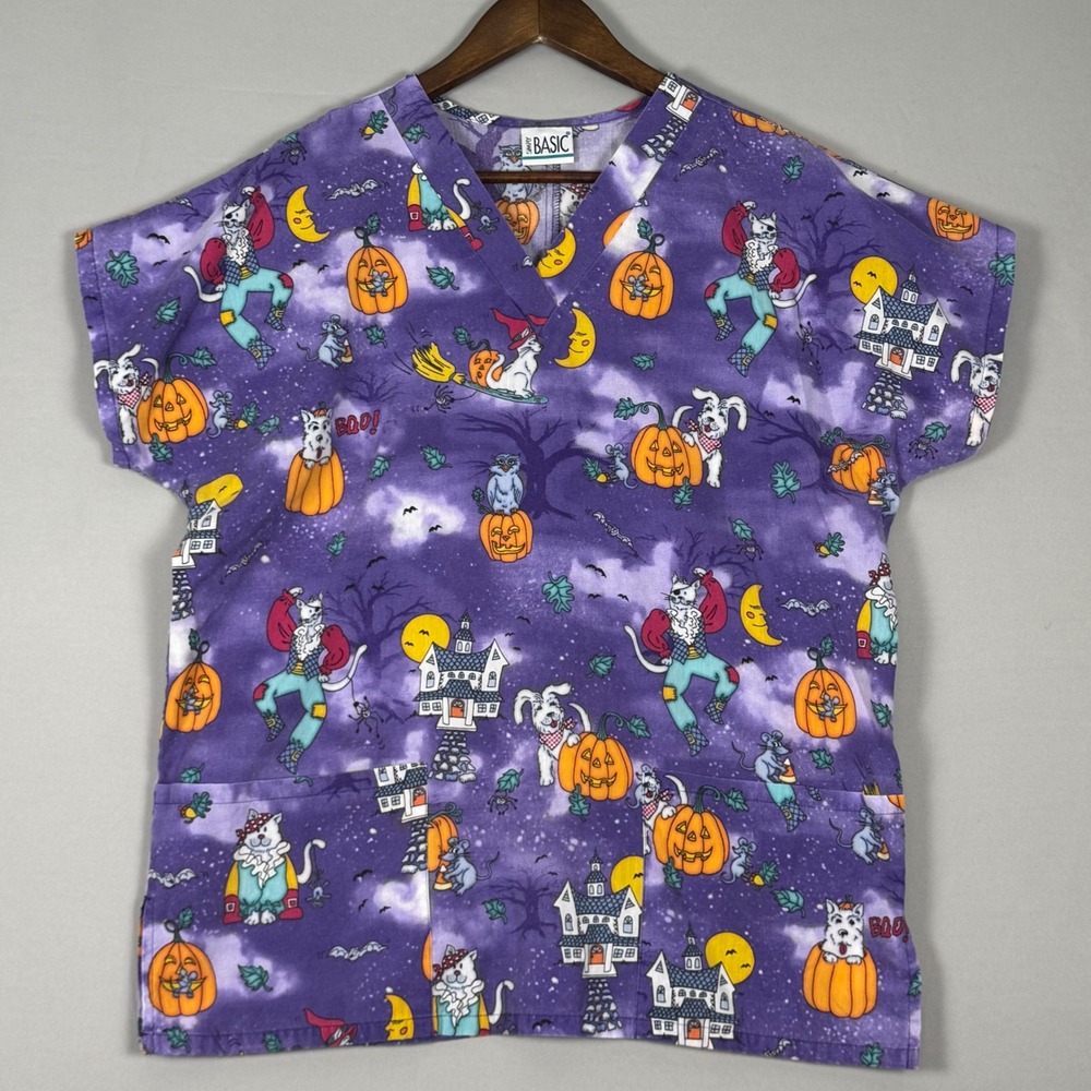 Simply Basic Halloween Scrub Top Women Medium Purple Excellent Vintage Y2K Print